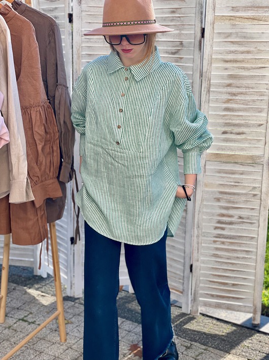 koszule damskie  Koszula lniana biała w zielone prążki