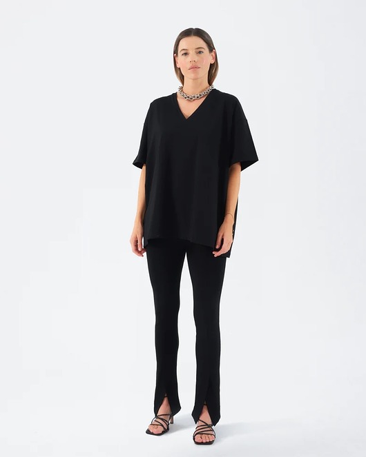 t-shirt damskie Czarny t-shirt vneck bawełniany cheer oversize