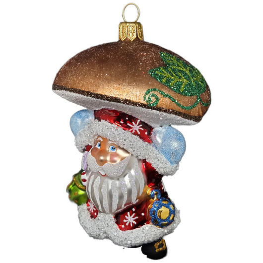 bombki Ręcznie malowana szklana bombka Mikołaj z brązowym grzybowym kapeluszem