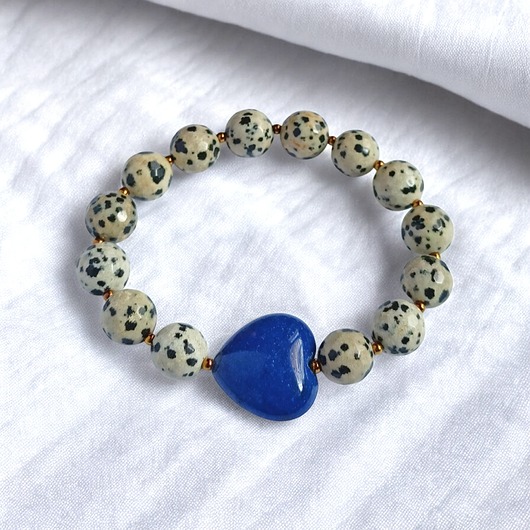 bransoletki z kamieni naturalnych Jaspis dalmatyński i serce : NIEBIESKI : bransoletka na gumce