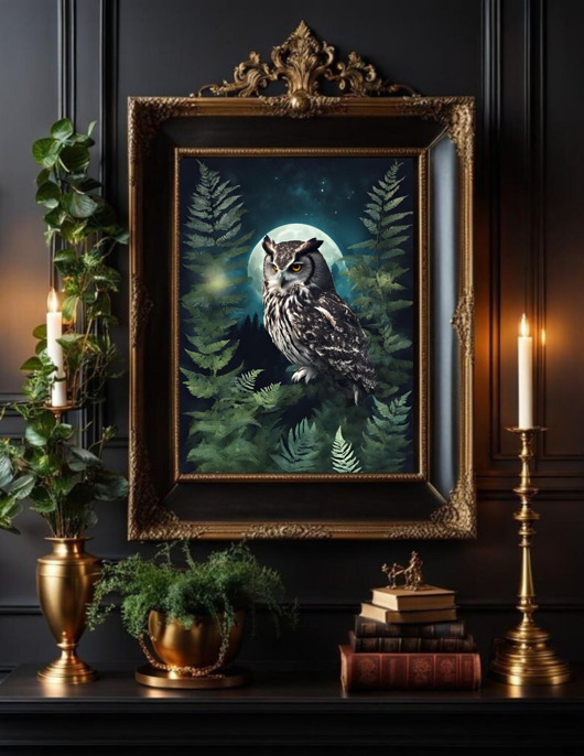 grafiki i ilustracje PLAKAT dekoracja leśna dark academia  sowa noc