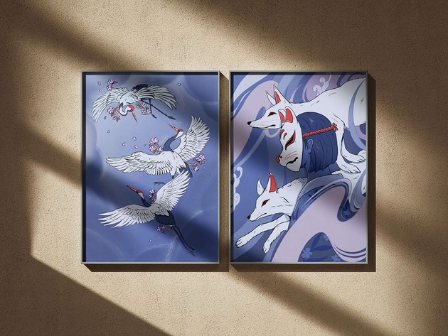 grafiki i ilustracje Zestaw plakatów japońskich "Kitsune i Żurawie"
