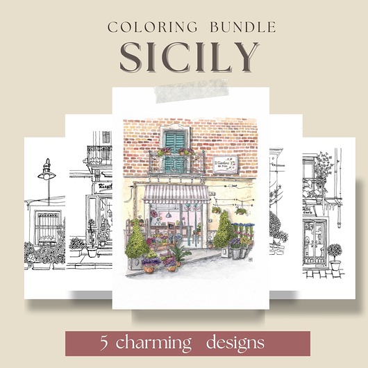 kartki okolicznościowe - wydruki Sycylia - zestaw 5 kolorowanek, włoskie witryny sklepowe