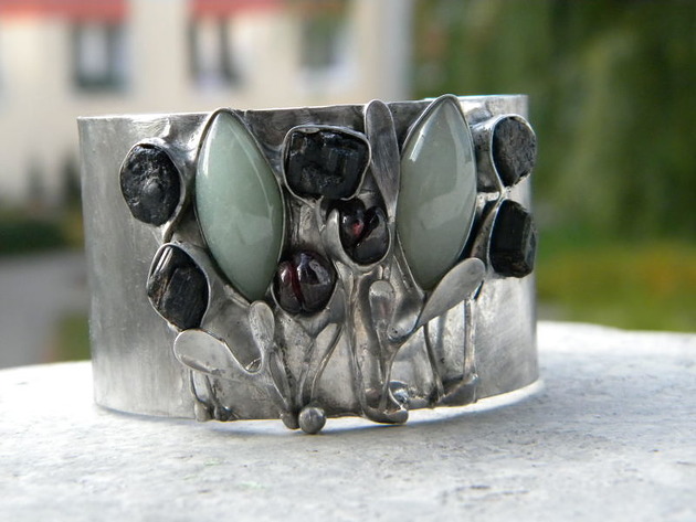 bransoletki z kamieni naturalnych Surowe czarne turmaliny   - BRANSOLETA MANKIET  CUFF