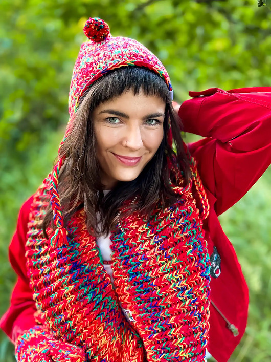 szale damskie Komin MERINO 50% ręcznie robiony "Czerwienie"