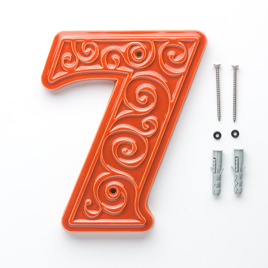 napisy dekoracyjne i tabliczki Numer domu, cyfra 7 pomarańczowo-brązowa, do przykręcenia