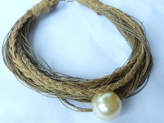 kolie Lniany sznurkowy naszyjnik  z perłą boho