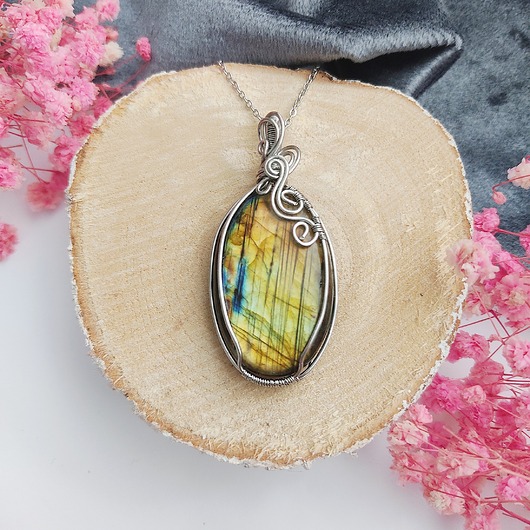 wisiory Naszyjnik Labradoryt stal chirurgiczna wisiorek handmade wirewrapping