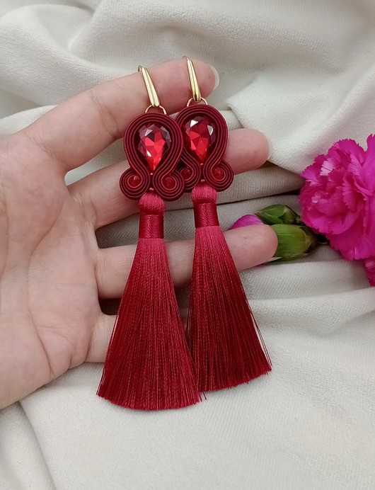 kolczyki soutache Kolczyki bordowe chwosty, długie kolczyki sutasz