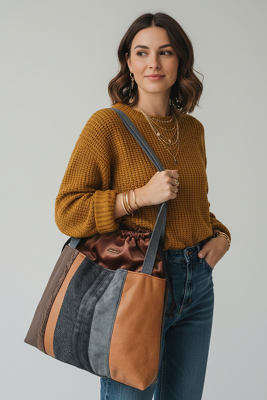 torby na ramię Szaro-brązowa duża torba z kominem patchwork