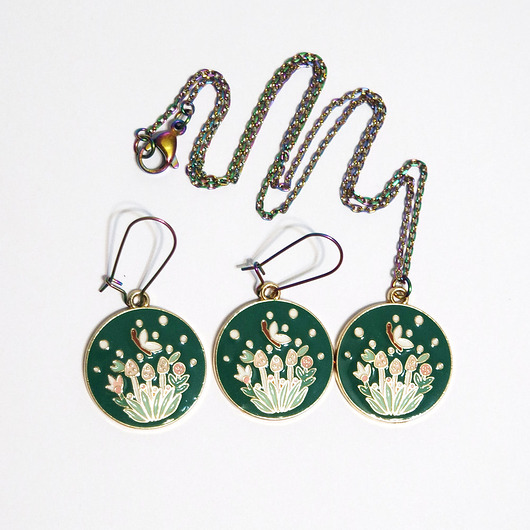 komplet biżuterii Komplet - Grzybki, zielony - kolczyki i naszyjnik