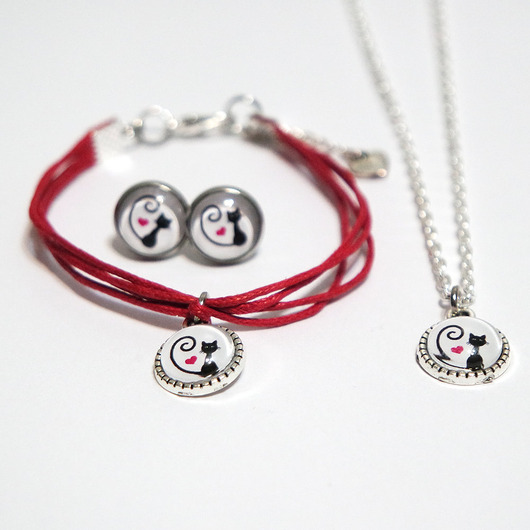 komplet biżuterii Komplet mini - Kotek, serce - kolczyki, bransoletka, naszyjnik