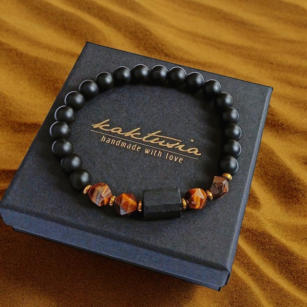 biżuteria męska SUKCES, OCHRONA, SIŁA :: tygrysie oko, turmalin, onyks :: gold