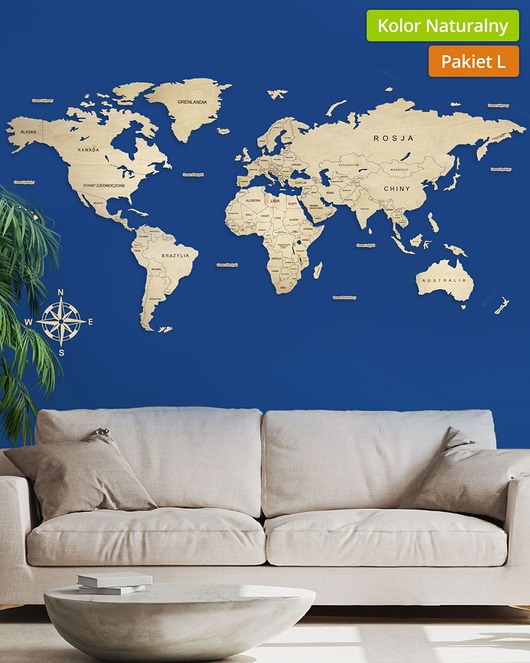 Ozdoby na ścianę Drewniana Mapa Świata z podpisami państw, kolor Naturalny  L