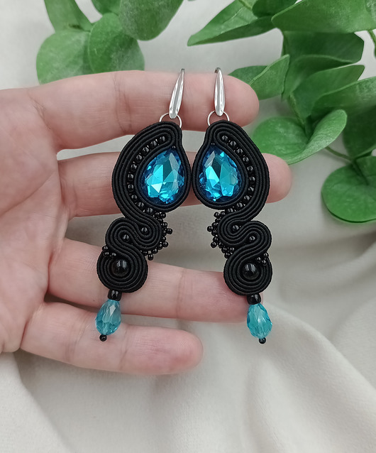 kolczyki soutache Turkusowe kolczyki, długie kolczyki sutasz akwamaryna