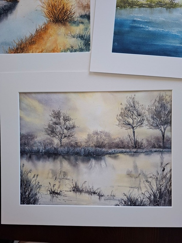 obrazy Obraz akwarelowy "Świt nad rozlewiskiem" oprawiony w passe-partout 40x50 cm