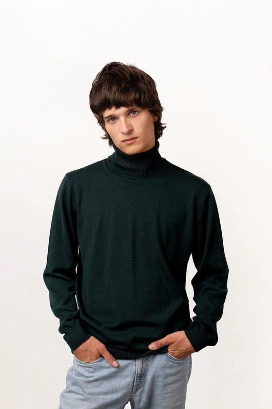 swetry męskie Sweter Męski OCELOT Zielony Butelkowy- wełniany golf 100% merino M/L