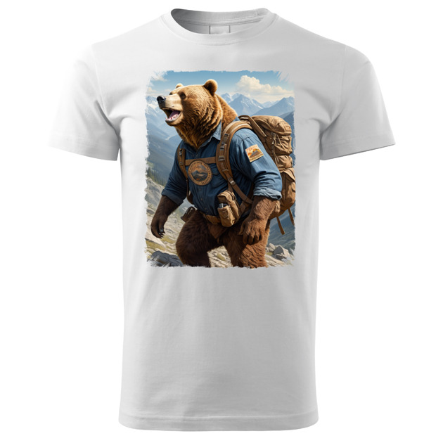 t-shirty męskie Tatra Art i niedźwiedź na górskim szlaku z plecakiem męska