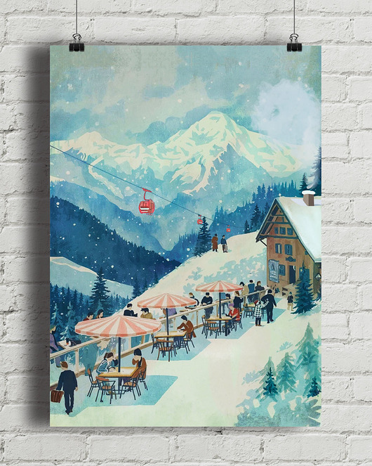 plakaty Schronisko w górach - zimowy plakat z góram