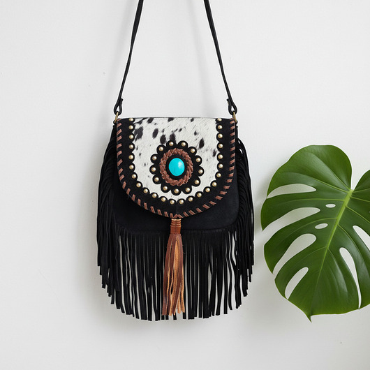 torby na ramię Torebka skórzana ręcznie robiona Sikara z frędzlami