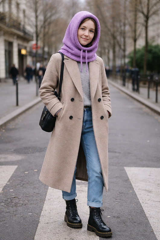 czapki damskie Balaclava oversize kominiarka kaptur zamiast czapki z merino piękny liliowy