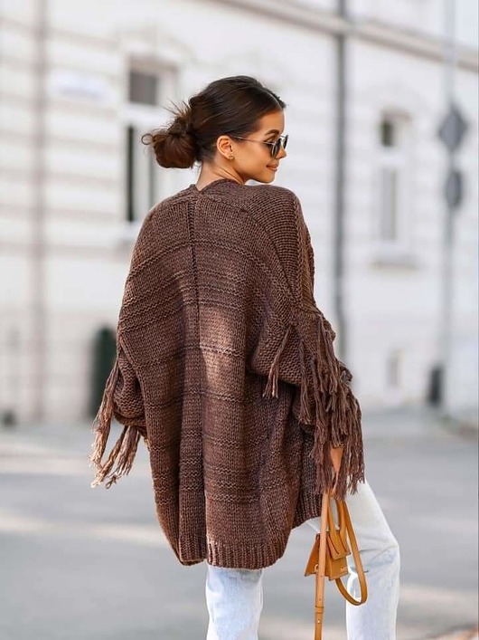 kardigany damskie Sweter/ Kardigan z frędzlami MARA BROWN/ brązowy