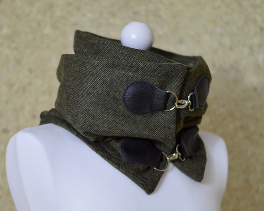 Szal wełniany ze skórą, Komin Unisex - Oliwka Green Sheep