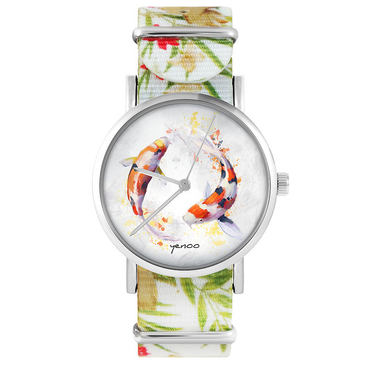 zegarki damskie Zegarek - Karpie Koi - kwiaty, nylon, biały