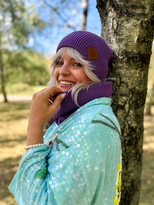 czapki damskie Bawełniana czapka jesienna logo ekoskórka Fiolet