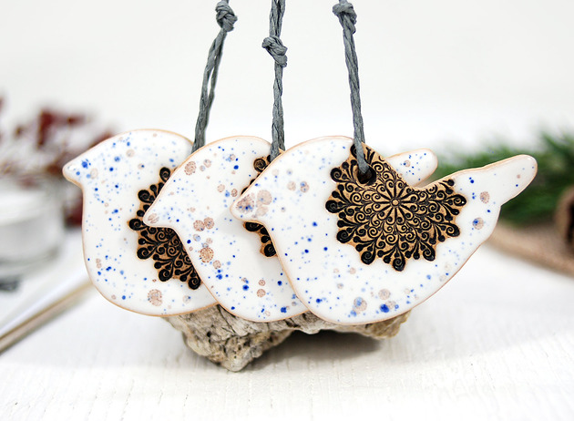 3 ceramiczne ozdoby ptaszki - nakrapiane 10FingersArt