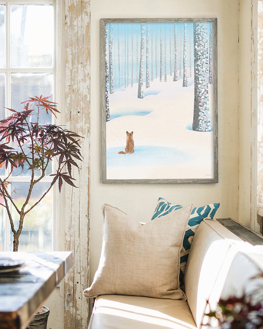 plakaty Las zimą - lis w śniegu - plakat fine art