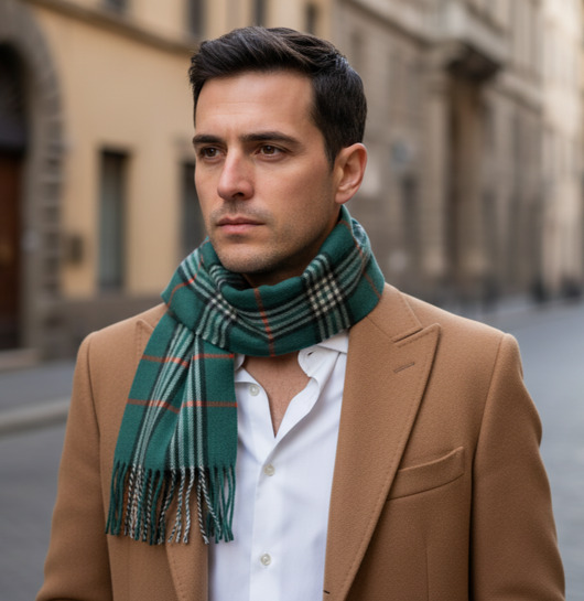 tuby i kominy Szalik Męski Zielony Kratka Wełna Kaszmir