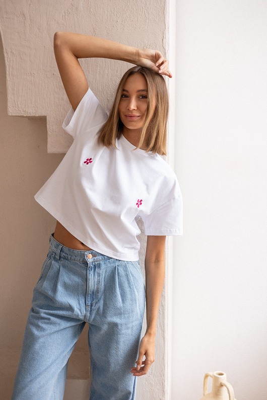 t-shirt damskie T-shirt Crop-Voila Biały Bratki