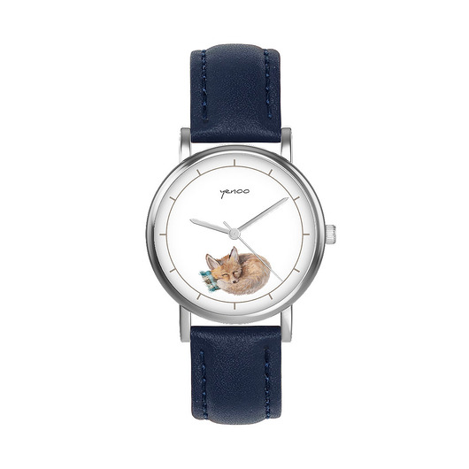 zegarki damskie Zegarek  mały - Lisek - skórzany, granatowy