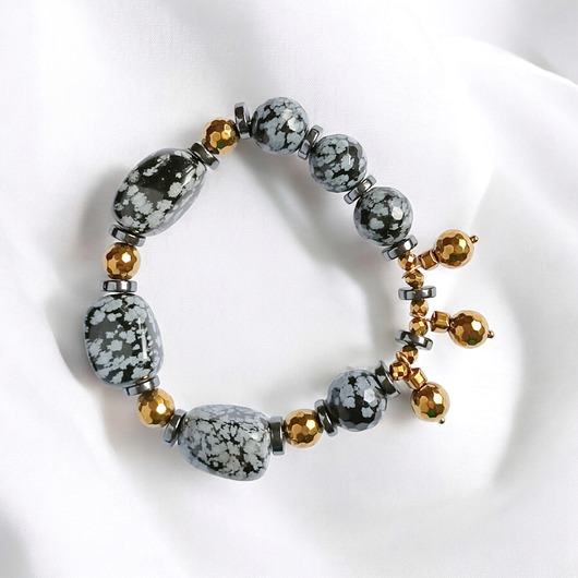 bransoletki z kamieni naturalnych UNIKATOWA bransoletka : obsydian śnieżny, hematyt