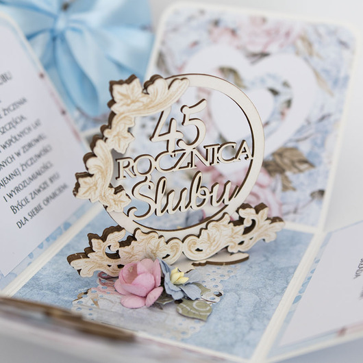kartki scrapbooking 45 rocznica ślubu, szafirowe gody, exploding box, kartka 3d
