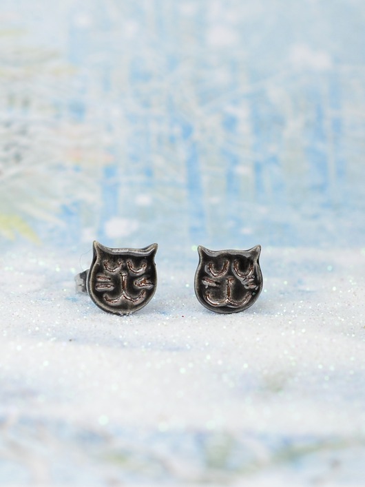 kolczyki ceramiczne Czarne kotki, mini kolczyki z kotkiem