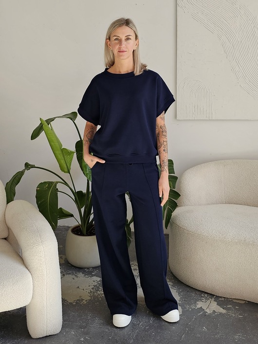 komplety damskie Chiara oversizowy komplet bezrękawnik i spodnie wide leg Navy granatowy