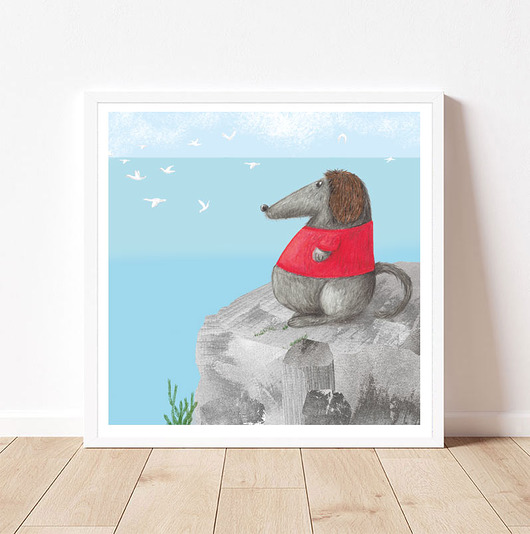 obrazy i plakaty do pokoju dziecięcego Plakat z psem, widok na morze