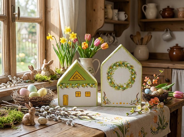 ozdoby wielkanocne Zestaw drewnianych domków (Wiosenne, WIelkanocne)