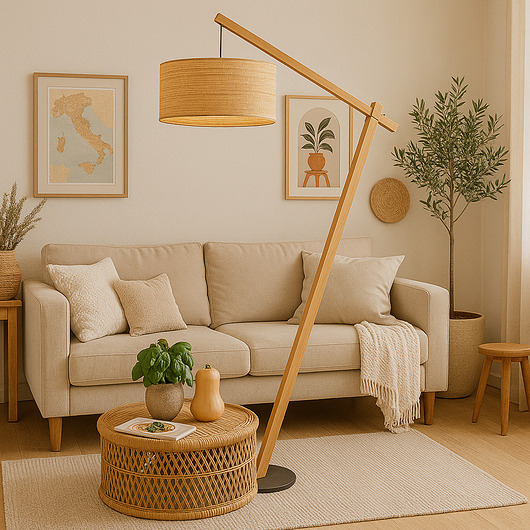 lampy podłogowe Drewniana lampa stojąca z rattanowym kloszem TORINO BOHO