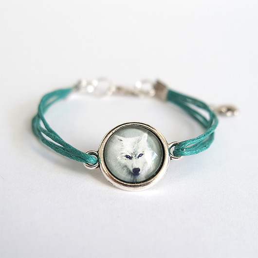 bransoletki ze szkła Bransoletka - Biały wilk 2 - turkusowa, sznurki