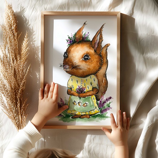 grafiki i ilustracje Jesienna wiewiórka  akwarela do pokoju dziecięcego oryginał