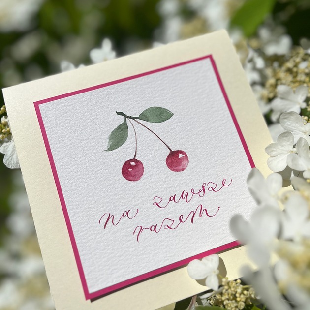 kartki scrapbooking Kartka ślubna ręcznie malowana i kaligrafowana z wisienkami