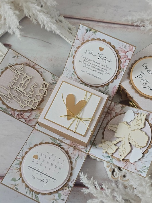 kartki scrapbooking Pamiątka Chrztu Świętego, koperta, exploding box
