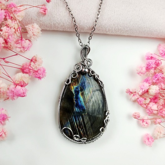 wisiory Naszyjnik Labradoryt Spektrolit stal chirurgiczna wisiorek handmade