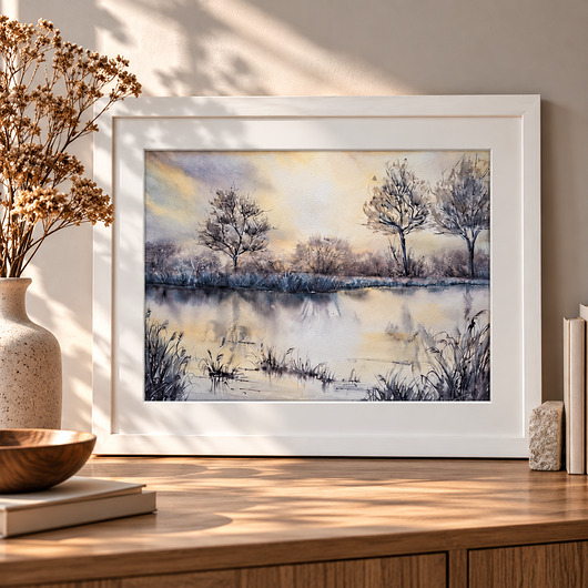 obrazy Obraz akwarelowy "Świt nad rozlewiskiem" oprawiony w passe-partout 40x50 cm
