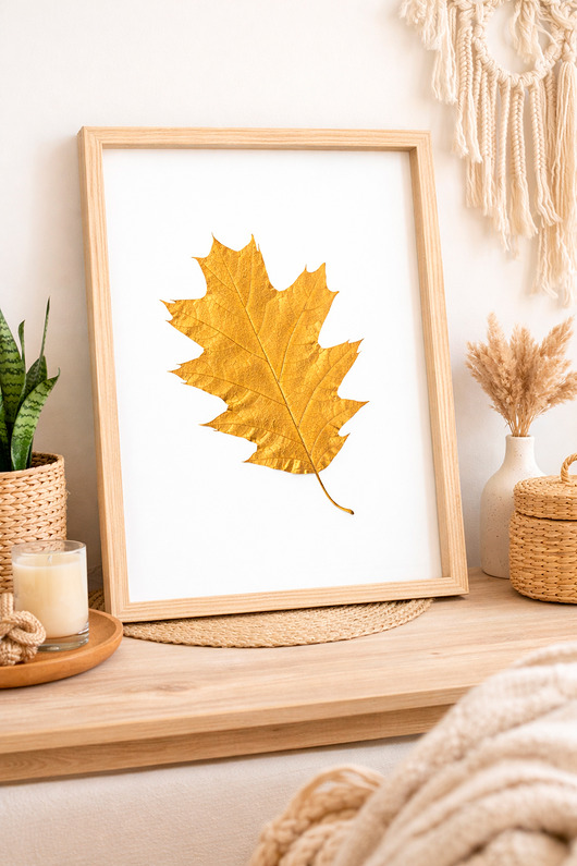 obrazy Obraz Botaniczny. Prawdziwy Liść Dębu. Złoty Liść Dąb 20x30cm. Unikat