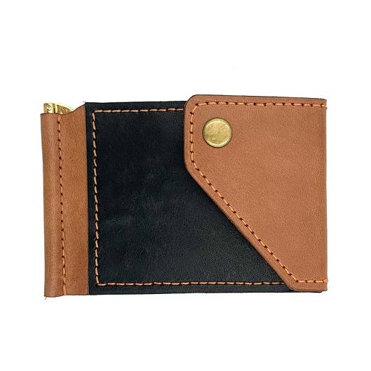 portfele damskie Brązowo-czarny portfel na klips ze skóry ręcznie uszyty.