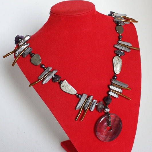 złote naszyjniki UNIKAT! Fluoryt, piryt, kwarc tytanowy